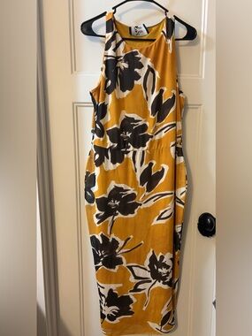 Nina Parker Mustard Floral Midi Dress with Black and White Prints